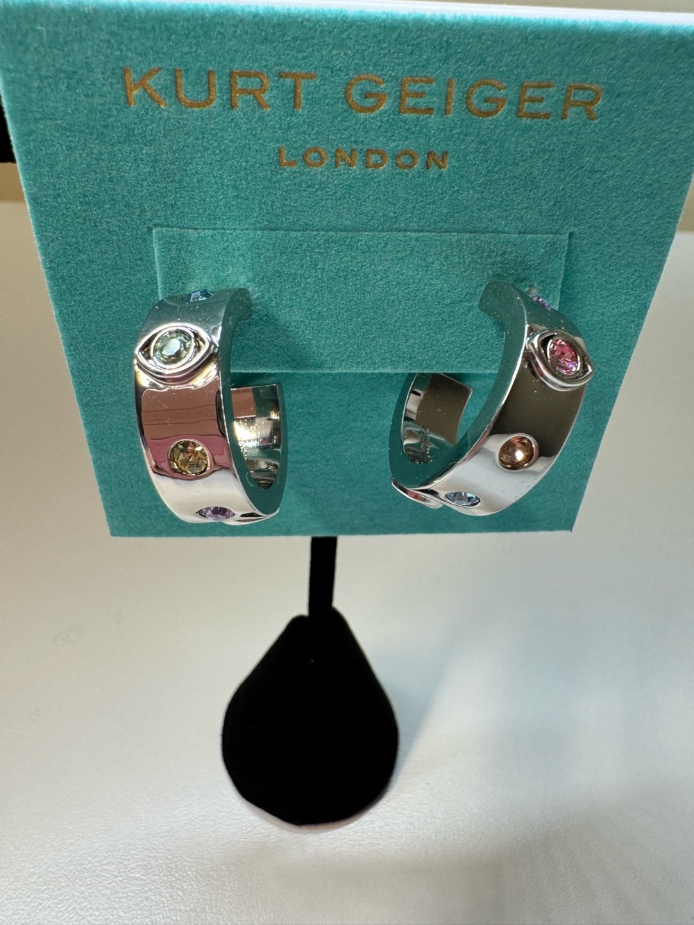 NWT Kurt Geiger Evil Eye Chunky Silver Hoop Earrings with Pastel Gem Accents